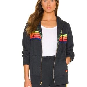 Aviator Nation Black Zip Hoodie with Rainbow Stripe